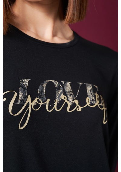 Pjs 26020 Kadın Love Yourself Yuvarlak Yaka Leopar Desen Uzun Kol Pijama Takım Siyah