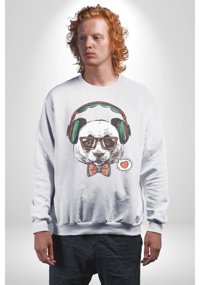 Kulaklıklı Hipster Portre Panda Unisex Beyaz Baskılı Sweatshirt Beyaz