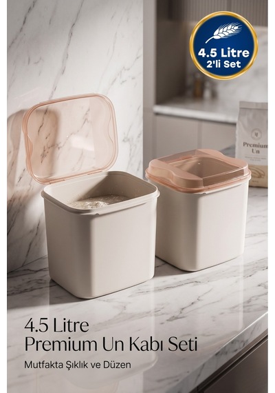 4.5 Litre 2'li Un Ve Erzak Saklama Kabı Seti Krem