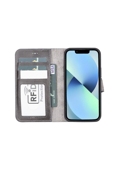 Plm Apple İphone 13 Mini Uyumlu Deri Cüzdanlı Kılıf Mwwn Tn1 Gri Acı Kahverengi