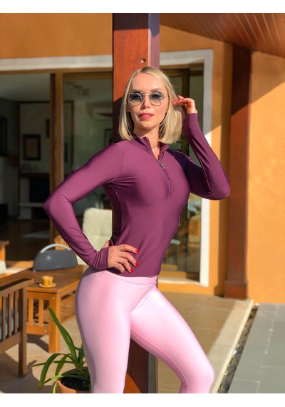 Lismina Mürdüm Rengi Parmağa Geçmeli Fermuarlı Uzun Kol Spor Bluz Mürdüm