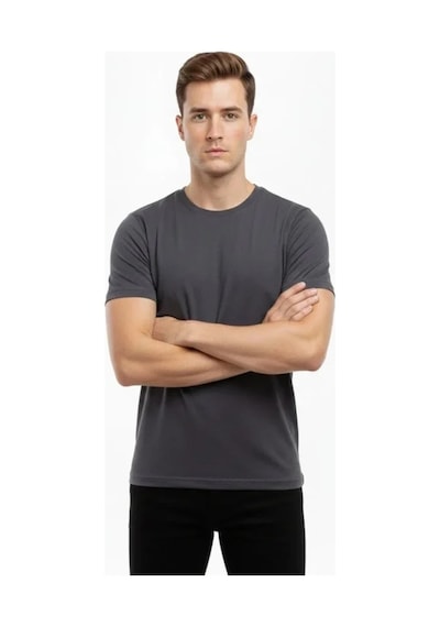 Butik İstanbul Erkek T-shirt Bisiklet Yaka Slim Fit Dar Kesim Likralı Tişört Günlük Basic Body - Füme
