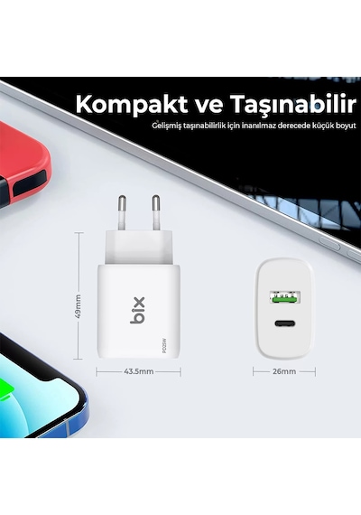 Bix ZH-2U41T 25 W USB-A Type-C PD 3.0 Hızlı Şarj Adaptörü Siyah