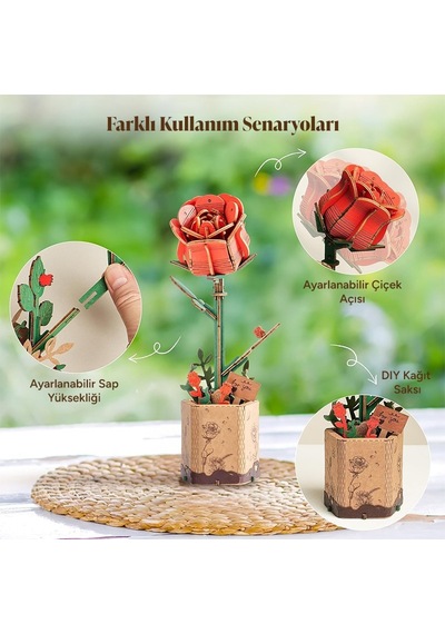 Rowood Tw042 Kırmızı Gül Red Rose Dıy Minyatür Maket Model Set Ahşap 3d Wooden Puzzle 3d Model Kit Ahşap Maket Dekoratif Hobi Seti
