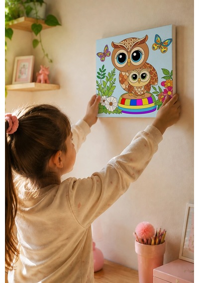 Sevimli Baykuş Temalı Çocuk Boyama Tuvali Şövalesiz Eğitici Boyama Seti 20x20 Cm