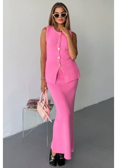 Kechi Woman Gold Aksesuarlı Etekli Triko Takım Pembe