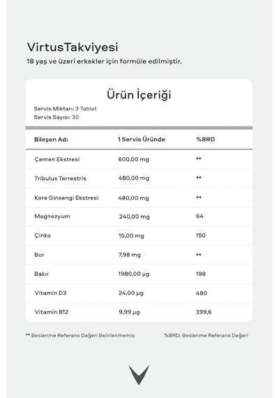Virtus Tribulus Terrestris, Ginseng, Çemen, Boron, Çinko, Magnezyum, B12 Vitamini ve D Vitamini Takviye Edici Gıda 90 Tablet