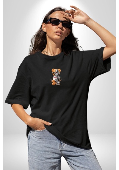 Robot Ayı Güneş Gözlüğü Siyah Oversize Unisex Ön Orta Minimal Baskılı Tişört Siyah