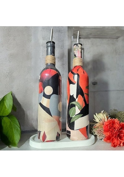 Yerli Kadın Desenli Yağdanlık Seti, Sosluk Ve Sirkelik Seti, 750 Ml Zeytinyağı Sıvıyağ Şişesi Set Çok Renkli