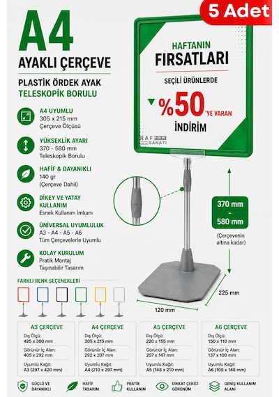 5 Adet - A4 Ayaklı Fiyat Etiketlik Teleskopik Borulu Çerçeve Etiketlik Yönlendirme Levhası Menü Panosu Yeşil
