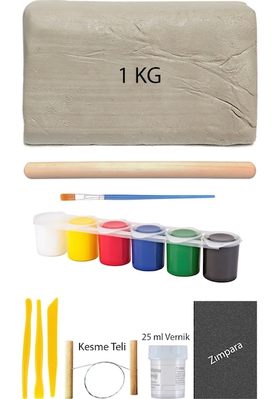 Beyaz Seramik Hamuru 1 Kg Kil Ebeşuar Seti 6x15 Ml Akrilik Set 25 Ml Vernik Ahşap Merdane Zımpara