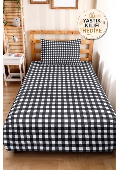 Siyah Ekose Modern Genç Odası Tek Kişilik Pike Takımı - Geometrik 160x220 Cm Kapitone Yatak Örtüsü Mercansı Çiy Kabuğu