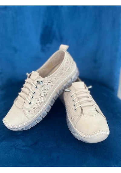 Bej Kadın Hakiki Deri Lastikli Ayarlanabilir Bağcıklı Rahat Taban Sneaker Miala 001