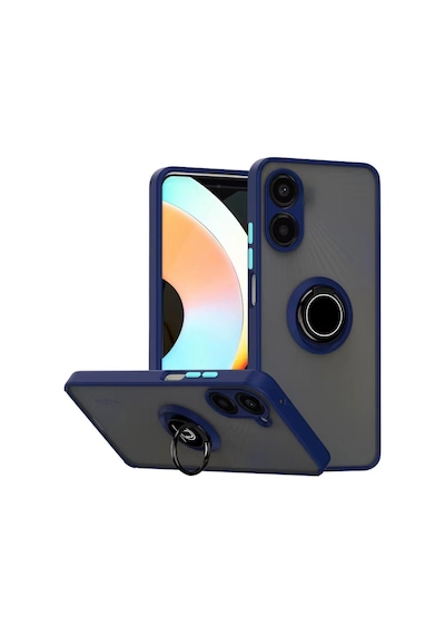 Vivo Y78 Uyumlu Kılıf Yüzüklü Standlı Extra Darbe Koruma Sert Silikon Kapak - Lacivert