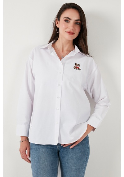 Lela Pamuk Karışımlı Regular Fit Ayıcık Işlemeli Bayan Gömlek 6773106 Beyaz