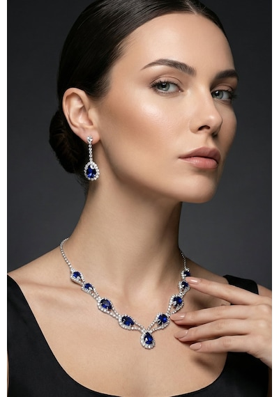 Accessories Hürrem Model Mavi Taşlı Kolye Küpe Takı Seti Gerdanlık - Gelin Düğün Nişan Abiye Set Gümüş - Mavi