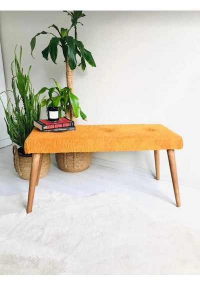 Ahşap Ayaklı Handmade Geniş Oturum Alanlı Welsoft Kumaş Pofidik Puf Bench ,ayak Ucu Uzatmalık Turuncu
