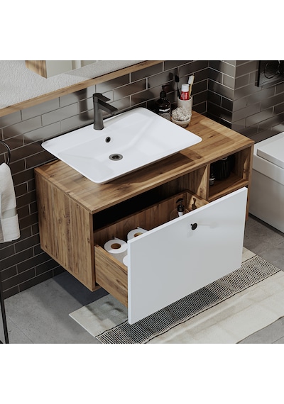 Lotus Ayaksız Lavabolu Mdf 95 Cm Çekmeceli Banyo Dolabı Atlantik Çam - Beyaz Lotus Ayaksız Lavabolu Mdf 95 Cm Çekmeceli Banyo Dolabı Atlantik Çam - Beyaz