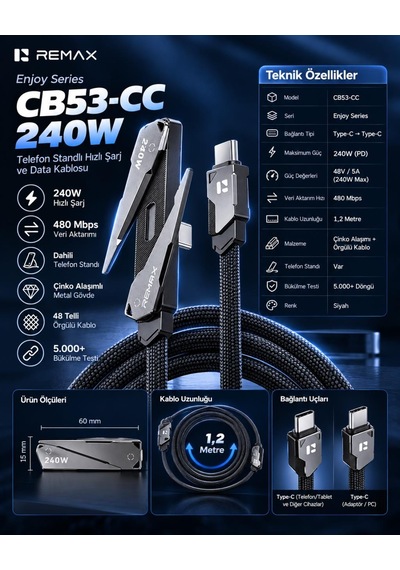 Remax Cb53-cc Enjoy Serisi 240w Pd Type-c To Type-c Telefon Standlı Hızlı Şarj Ve Data Kablosu 1.2 Metre Siyah