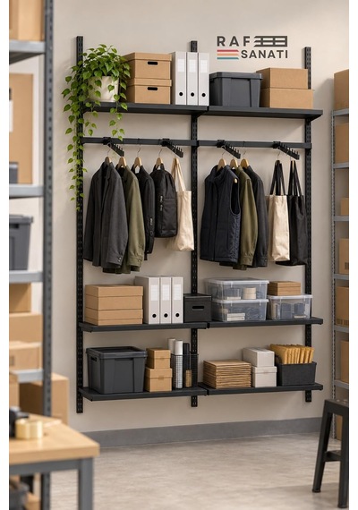 Tr 120 Cm Duvar Raf Askılık Sistemi 6 Raflı 2 Modül 200 Cm Konik Dikme Hazır Set Siyah Genel