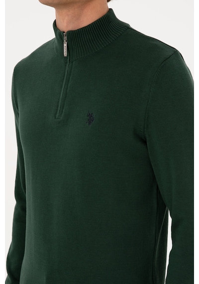 U.S. Polo Assn. Erkek Slim Fit Yarım Fermuarlı Koyu Yeşil Basic Kazak 50313695-VR079