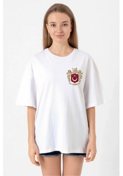 Efnaz Style Türk Arma Baskılı Oversize Bisiklet Yaka Günlük T-shirt - Beyaz
