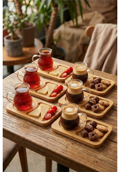'lı 12parça Bambu Tabaklı Borosilikat Cam Kulplu Bardak 200 Ml Cam Çay Ve Kahve Bardağı Seffaf Seffaf
