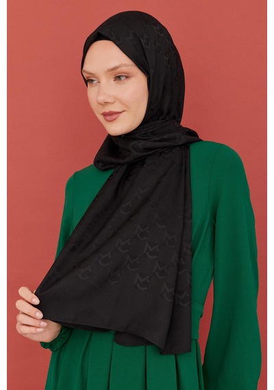Mirsoy Scarf Mc Desen Parlak Jakar Şal - Siyah Siyah