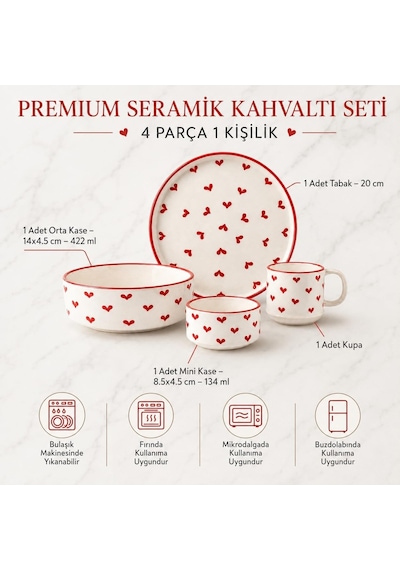 Seramik El Yapımı Kahvaltı Takımı 4 Parça Kahvaltı Seti Oval Seramik Sunum Tabağı Çeyizlik Takım, Red Love Çok Renkli