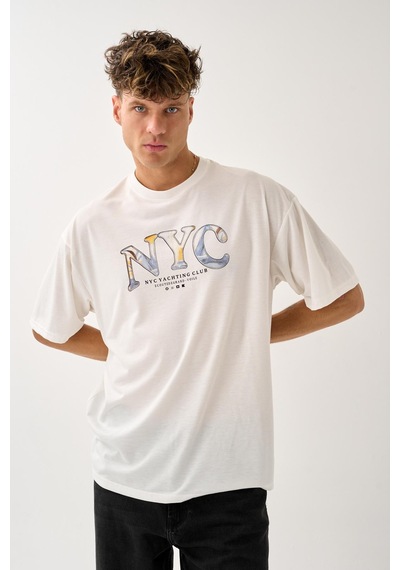 Geniş Kalıp Bisiklet Yaka Baskılı Unisex T-shirt Beyaz