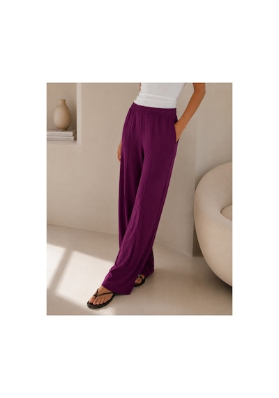 Unika Boutique Kadın Yüksek Bel Lastikli Bol Paça Rahat Pantolon Günlük Alt Giyim Mürdüm