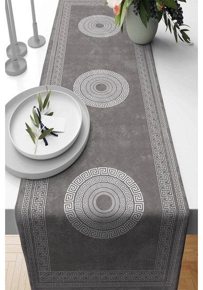 Gri Çerçeveli Desen Premium Masa Örtüsü Runner Rnr230n11