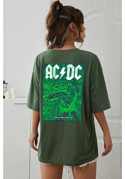 Unisex Acdc Baskılı T-shirt Yeşil