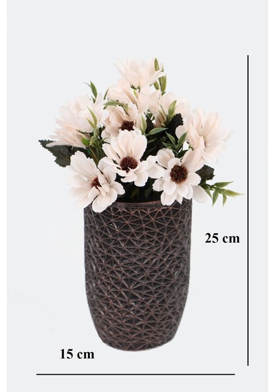 Lüx Beton Retro Tombul Vazoda Yapay Papatya Dekoru 25 Cm Krem