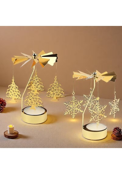 2'li Set Dönen Işıklı Kar Tanesi Ve Ağaç Metal Tealight Mumluk Gold