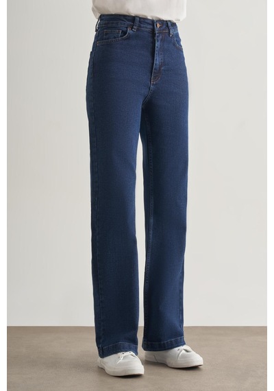 Koyu Rins Mizalle Geniş Paça Yüksek Bel Koyu Mavi Denim Pantolon Mavi