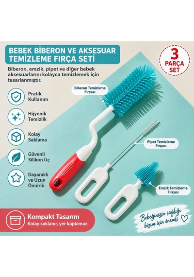 Valkyrie 3 Lü Silikon Biberon Temizleme Fırça Seti 360 Döner Saplı, Pipet Ve Emzik Temizleme Fırçası