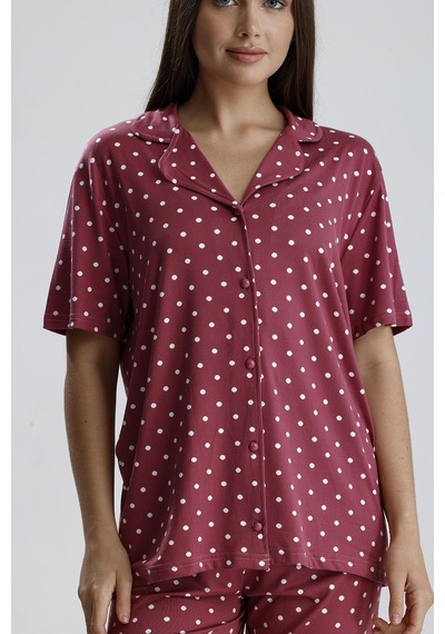 Kompedan Kadın Puantiye Desen Önden Düğmeli Pijama Takım Mürdüm P. Mürdüm