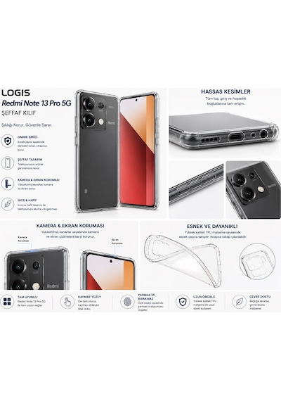 Logis Xiaomi Redmi Note 13 Pro 5g Uyumlu Şeffaf Silikon Kılıf Kamera Korumalı Darbe Emici İnce Esnek Tpu Telefon Koruy