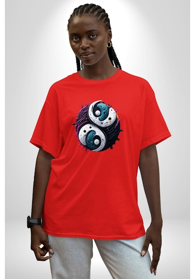 Renkli Yin İle Yang Kuramı Pamuklu Bisiklet Yaka Unisex Oversize Boyfriend Dijital Baskılı Kırmızı T-shirt Kırmızı