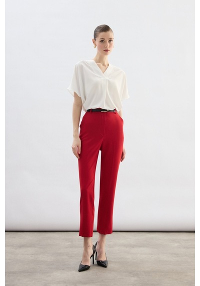 Sateen Kemerli Pantolon - Kırmızı-136700 Kırmızı