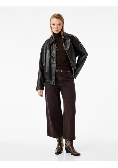 Koton Pamuklu Geniş Paça Kemerli Crop Pantolon - Wide Leg Jeans Kahverengi 7wal40008mw Kahve
