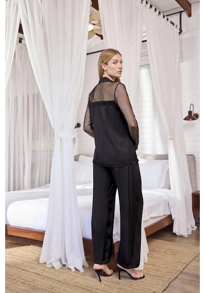 Aria's Closet Arias Closet Dantelli Ve Tüllü Uzun Kollu Önü Düğmeli Saten Pijama Takımı Siyah
