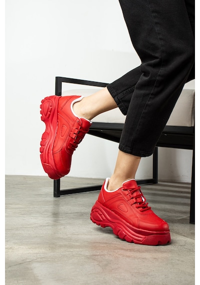 Nstil Günlük Kadın Spor Ayakkabı Yüksek Kalın Taban 6 Cm Suni Deri Sneaker 001 Kırmızı