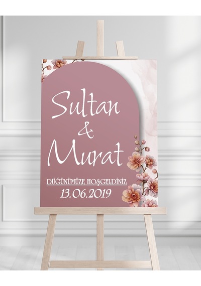 Söz Nişan Düğün İçin 50x70 Karşılama Panosu - Pembe Çiçek Tasarımlı 002 Beyaz