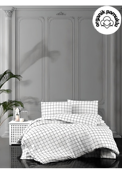 Lotus Home Minikaro Siyah Beyaz Tek Kişilik Pamuklu Nevresim Seti Çarşafsız