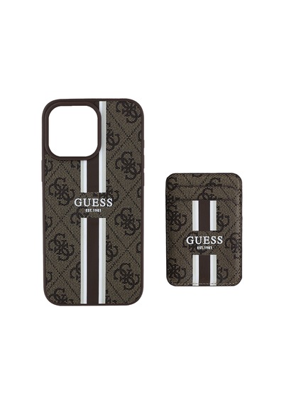 Apple Uyumlu iPhone 15 Pro Max Kılıf Guess Lisanslı Magsafe Özellikli 4g Desen Çizgili Kartlıklı Kapak Kahverengi