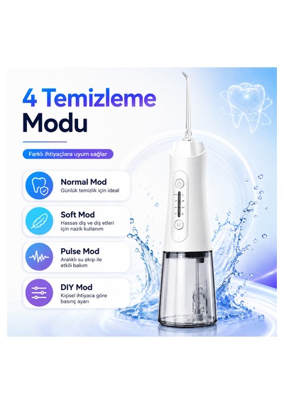 Şarjlı Ağız Duşu 320 Ml Su Hazneli 4 Modlu 20-140 Psı 1500 Mah Type-c Ipx7 5 Başlıklı Taşınabilir Ağız Bakım Cihazı