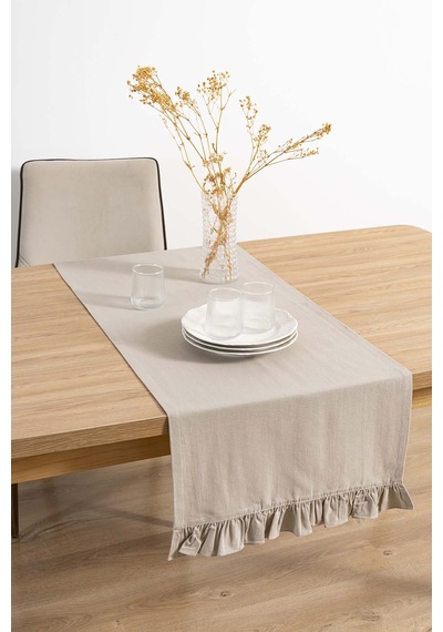 Rivaistanbul Ruffle Bej Fırfırlı %100 Pamuklu Ham Keten Runner 50x130 Cm Bej