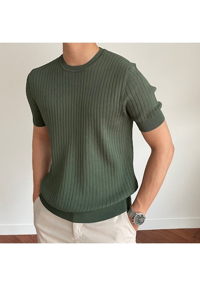 Tarz Cool Erkek Fitilli Slim Fit Bisiklet Yaka Triko T-shirt Haki